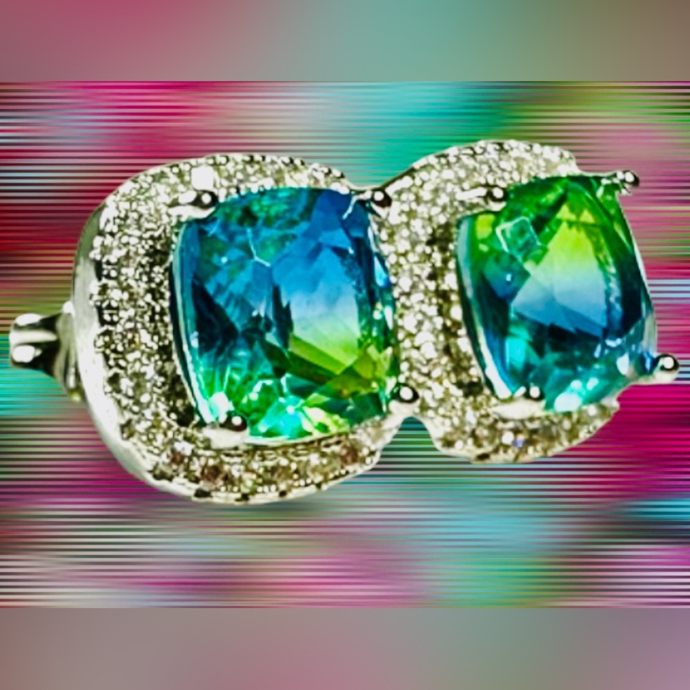 Blue Green Topaz 925 Sterling Cushion Stud Earrings CZ Halo - Picture 3 of 11